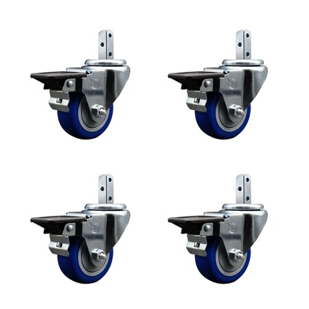 Service Caster 3'' Blue Poly Wheel Swivel 7/8'' Square Stem Caster Set with Brake, 4PK SCC-SQ20S314-PPUB-BLUE-PLB-78-4